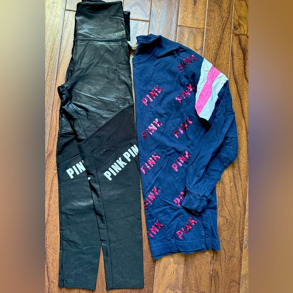 PINK by Victoria’s Secret l/s tee and shiny black leggings with mesh. Sz Small